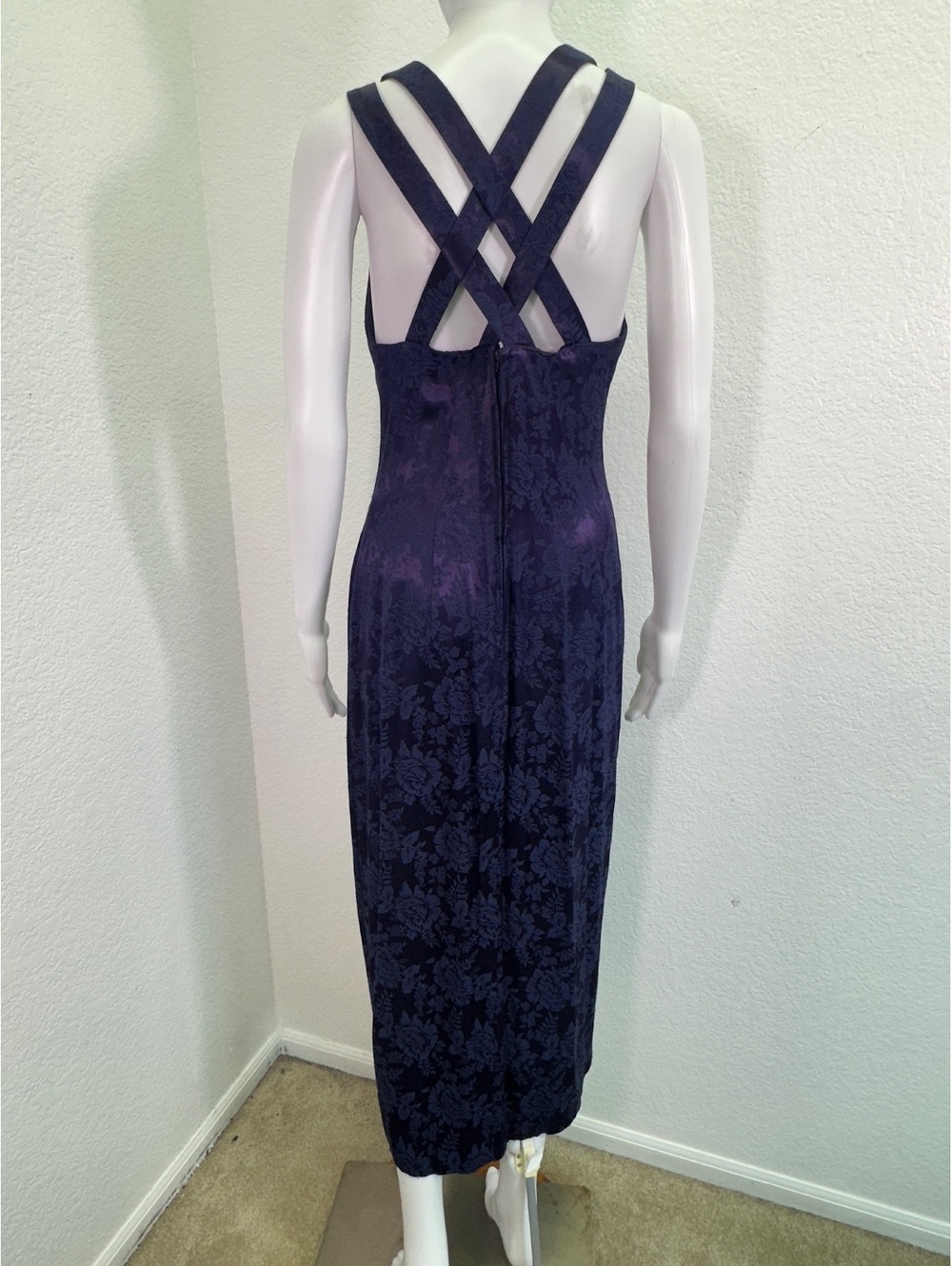 VTG Y2K Sz 3/4 Dawn Joy Violet Blue Floral Jacquard Maxi Dress Sheath Gothic - Picture 4 of 7